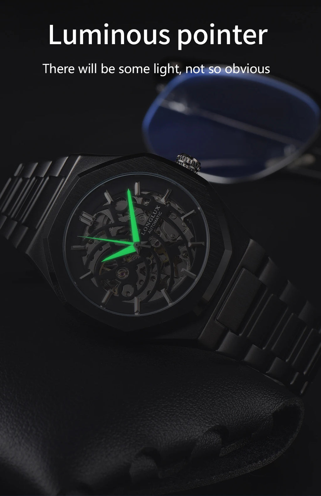 LONGLUX automatic watch business mechanical watches skeleton waterproof luminous stainless steel mens watch office worker gift