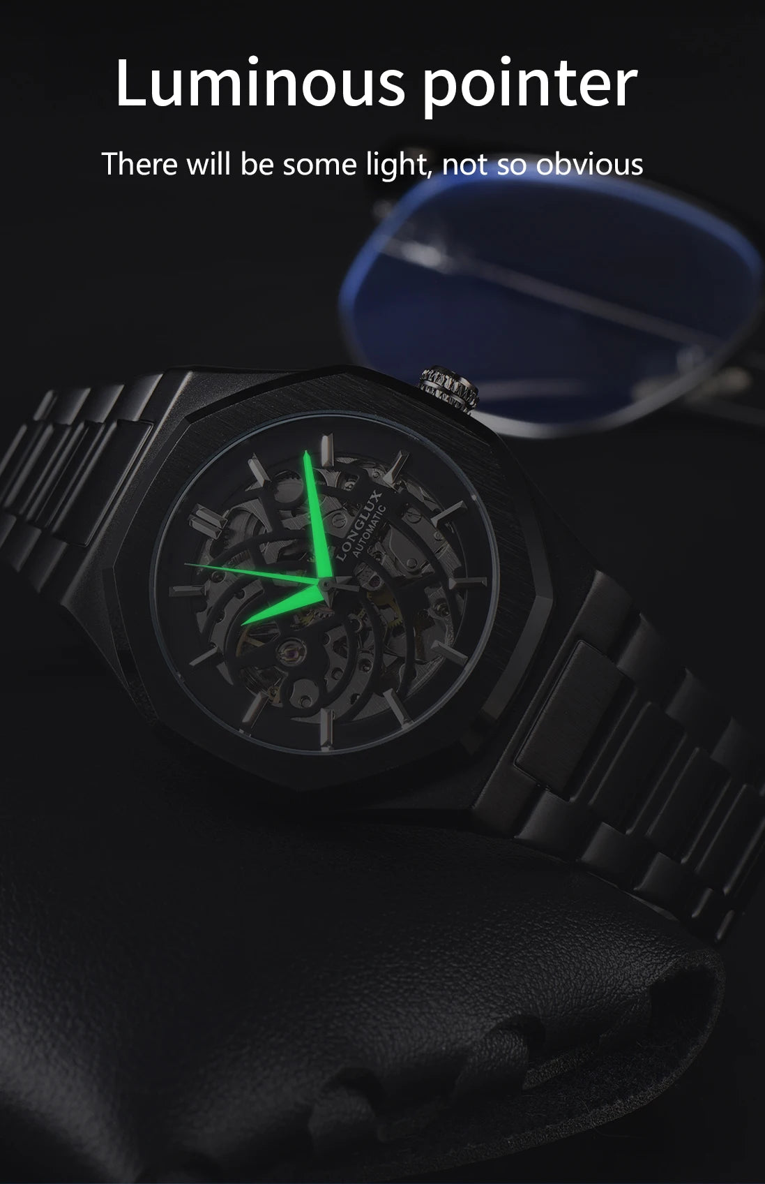 LONGLUX automatic watch business mechanical watches skeleton waterproof luminous stainless steel mens watch office worker gift