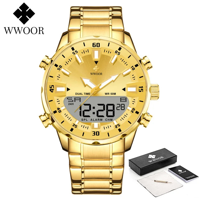 WWOOR Luxury Watches For Men Military Chronograph Digital Quartz Man's Wristwatch Waterproof Stainless Steel Luminous Male Clock