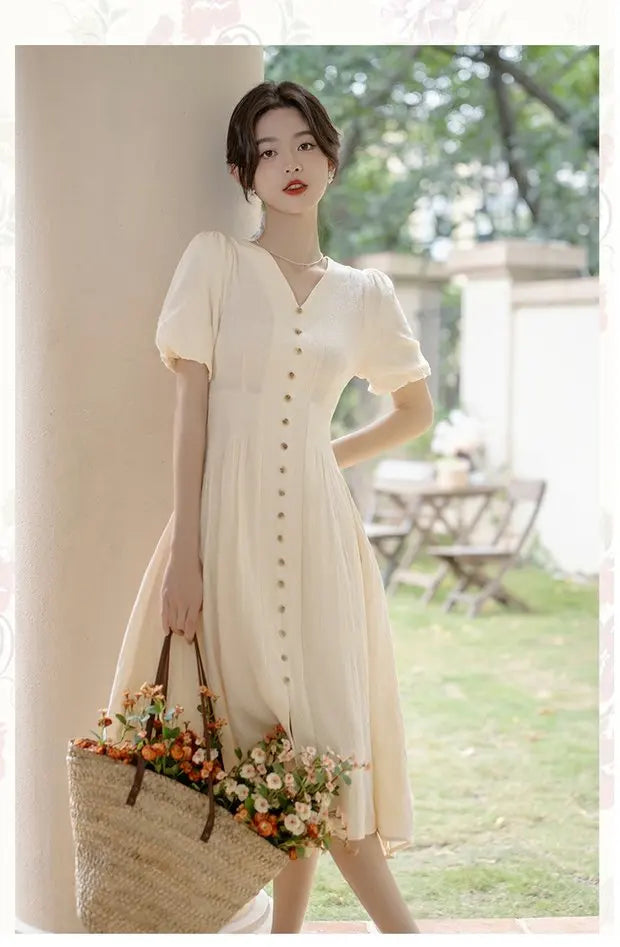 Summer 2026 New Gentle Style Yellow Cotton Blend Bubble Sleeve Dress High Waist A-Line Skirt V-Neck Single Button Closure Dress
