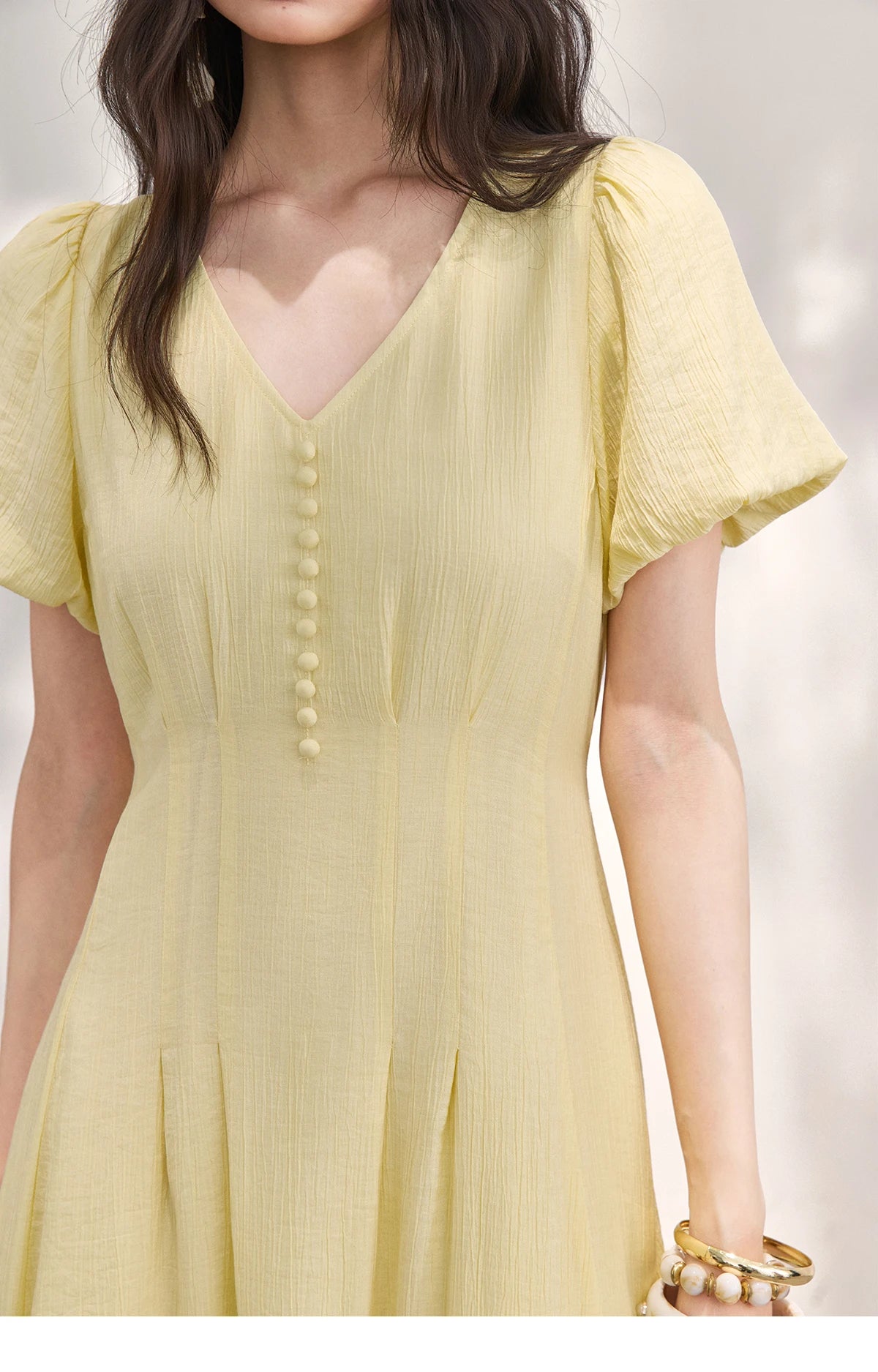 MISHOW Women's French V Neck Puff Sleeve Midi Dress 2026 Summer Button Detail Waist Slim Yellow Elegant Long Dress MXF29L2782
