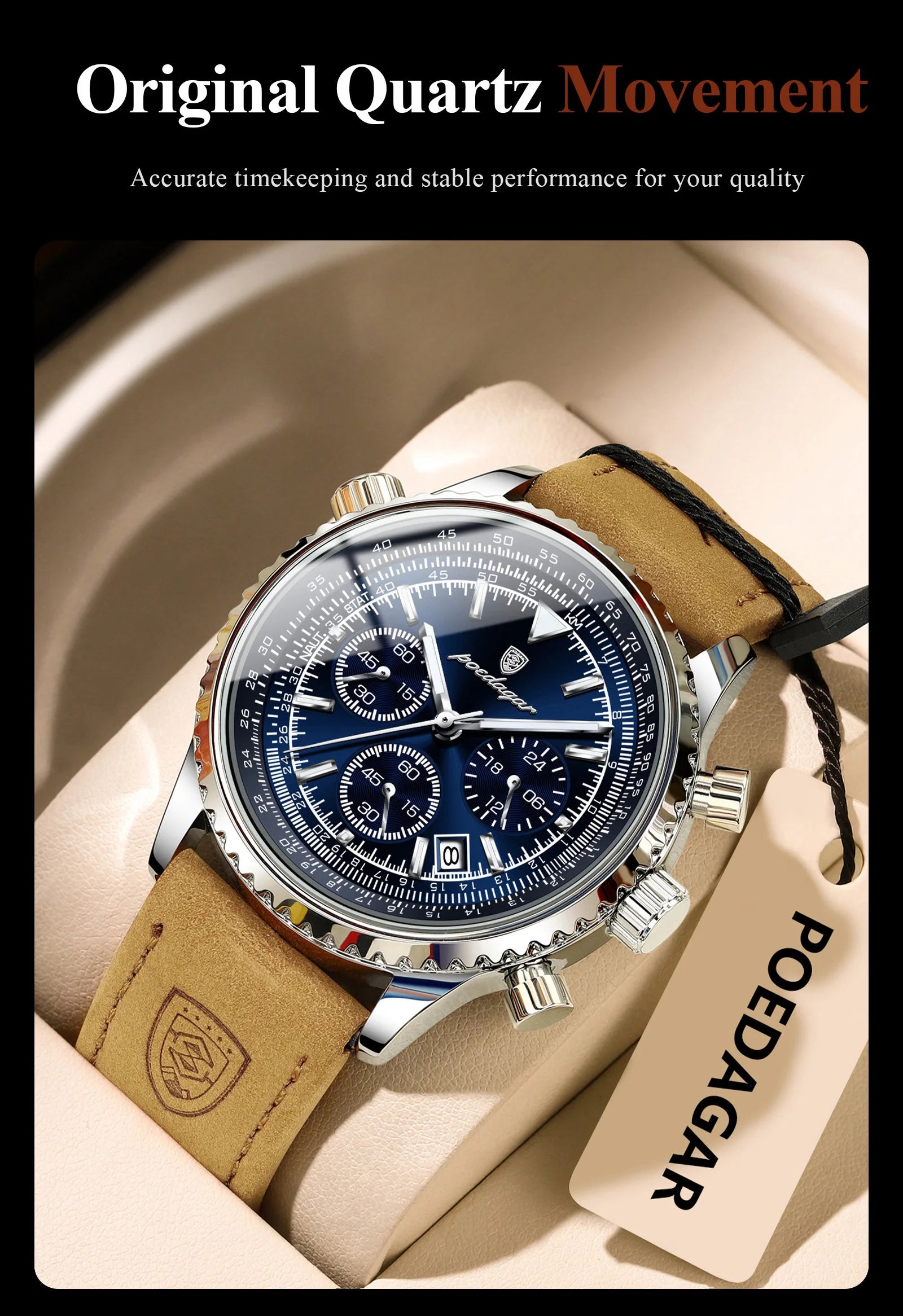 POEDAGAR Original Men's Clock Chronograph Date Waterproof Luminous Luxury Male Wristwatch Fashion Leather Quartz Watches For Man