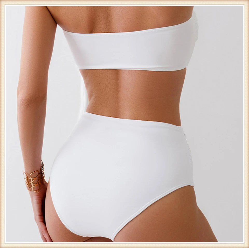 Bandeau Bikini Front 3D Flower Flower Decoration Swimwear Women High Waist Solid Swimsuit Elegant Beachwear Bathing Suit Summer