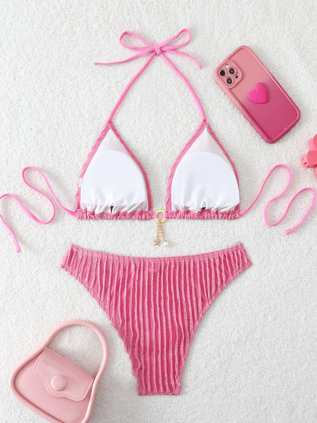 Triangle Halter String Bikinis 2026 Women Sexy Swimsuit Solid Ring Linked Swimwear Female Bathers Bathing Swimming Swim Suit