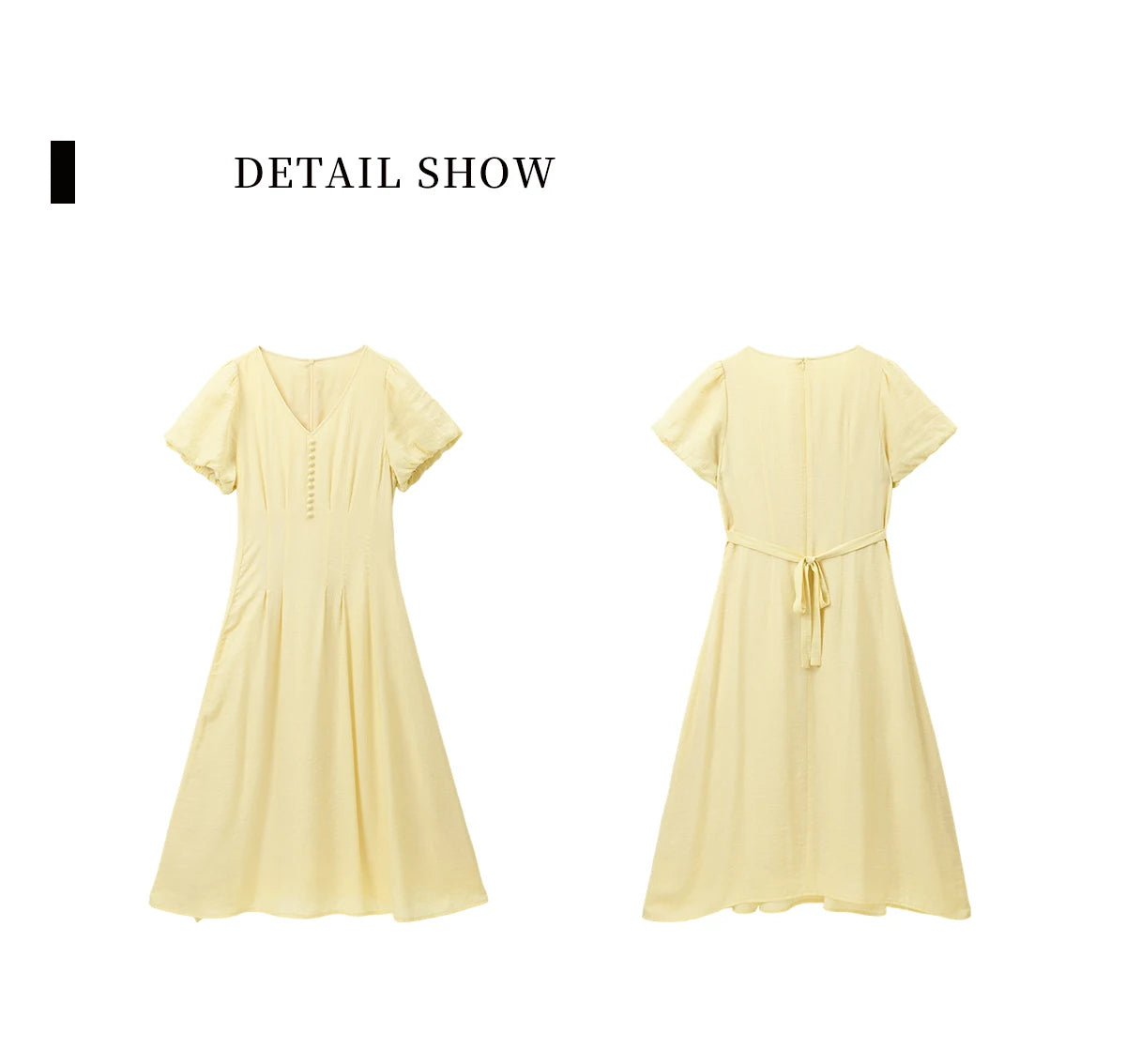 MISHOW Women's French V Neck Puff Sleeve Midi Dress 2026 Summer Button Detail Waist Slim Yellow Elegant Long Dress MXF29L2782