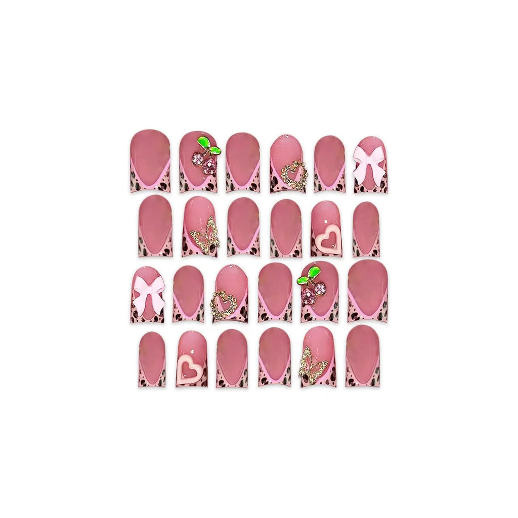 طقم أظافر وردي بطباعة الفراشة وفراشة ثلاثية الأبعاد 24 قطعة | 24Pcs Nude Pink 3D Bow Butterfly Press-On Nails