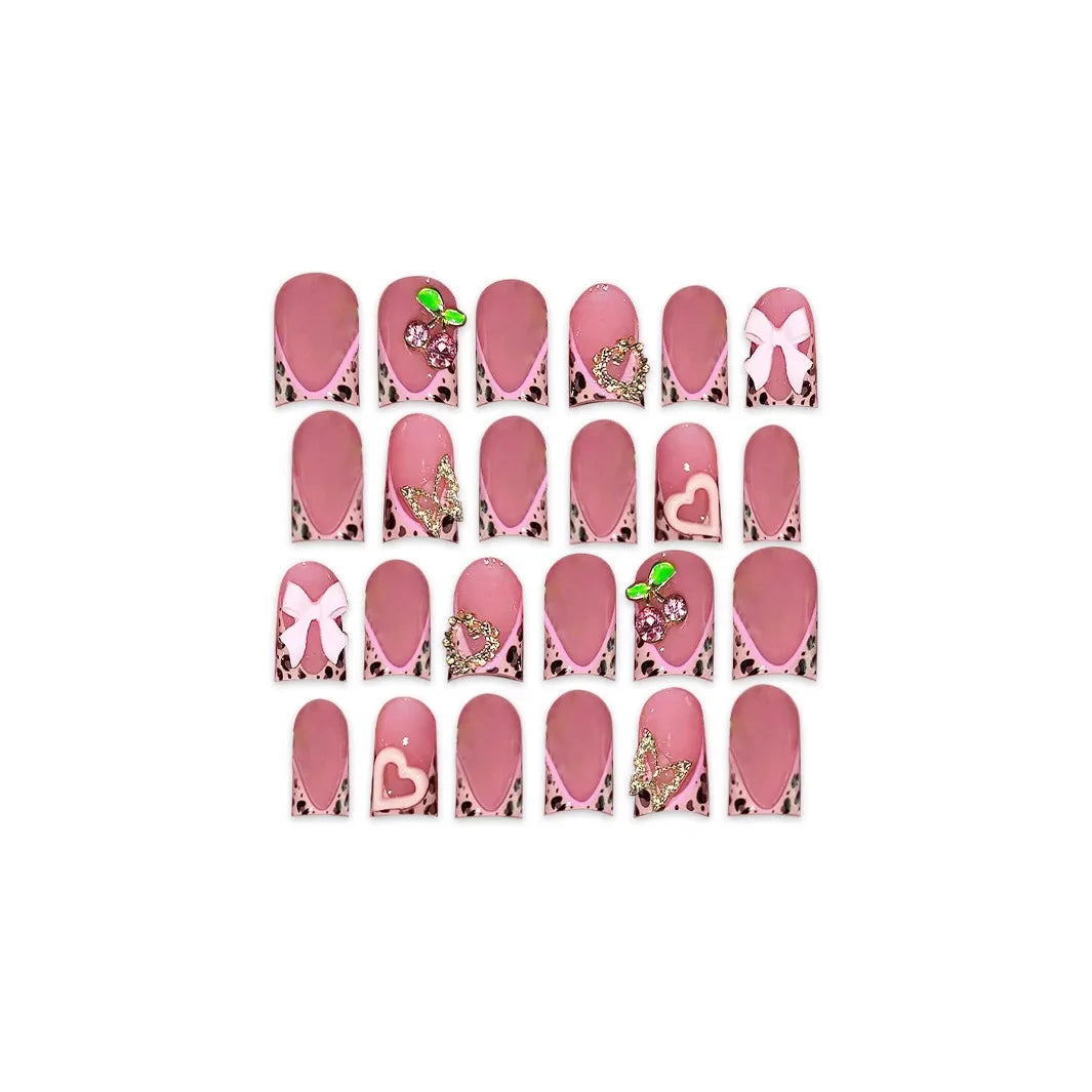 طقم أظافر وردي بطباعة الفراشة وفراشة ثلاثية الأبعاد 24 قطعة | 24Pcs Nude Pink 3D Bow Butterfly Press-On Nails
