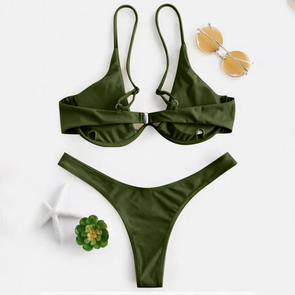 Personality Women'S Sexy Split Style Solid Color Bikini Swimsuit Bow Tie Swimsuit 2 Piece Set Soft Comfortable Swimwear Set