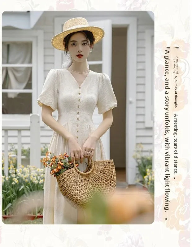 Summer 2026 New Gentle Style Yellow Cotton Blend Bubble Sleeve Dress High Waist A-Line Skirt V-Neck Single Button Closure Dress