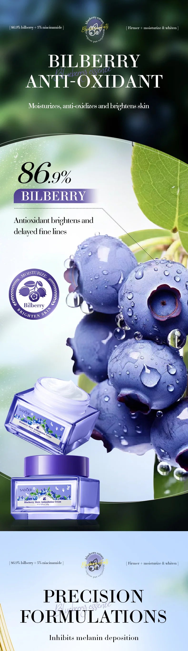 SADOER Blueberry Hyaluronic Acid Skin Brightening Cream Skincare Moisturizing Nourishing Facial Creams  Beauty Skin Care Product