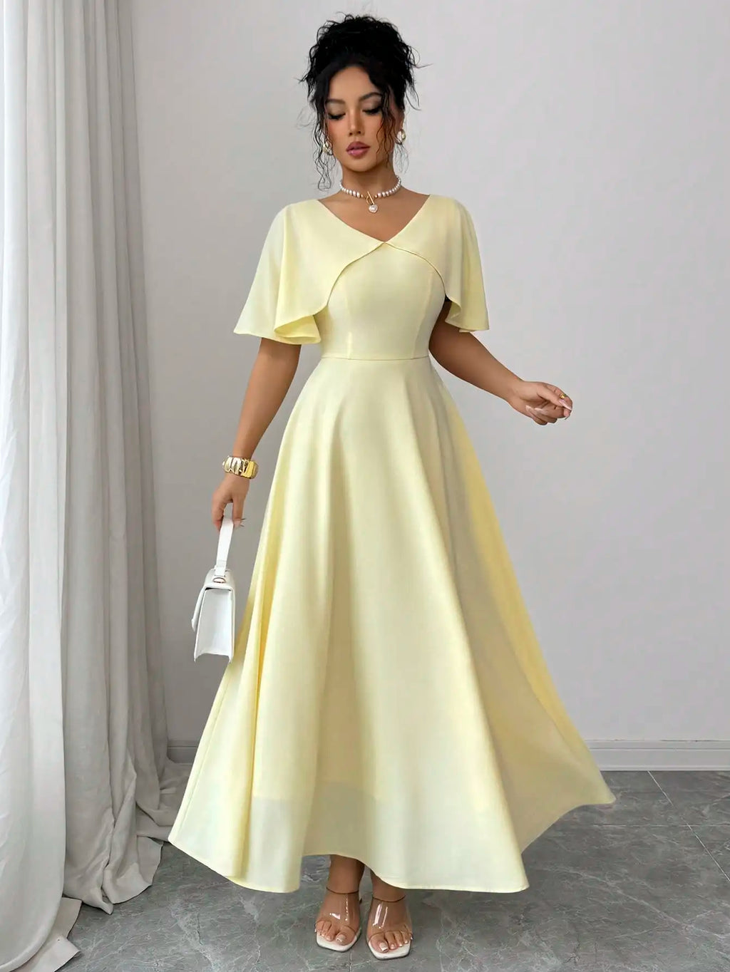 Women's Spring Summer V-Neck Ruffle Sleeve Cinched Waist A-Line Dress Pale Yellow
