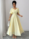 Women's Spring Summer V-Neck Ruffle Sleeve Cinched Waist A-Line Dress Pale Yellow