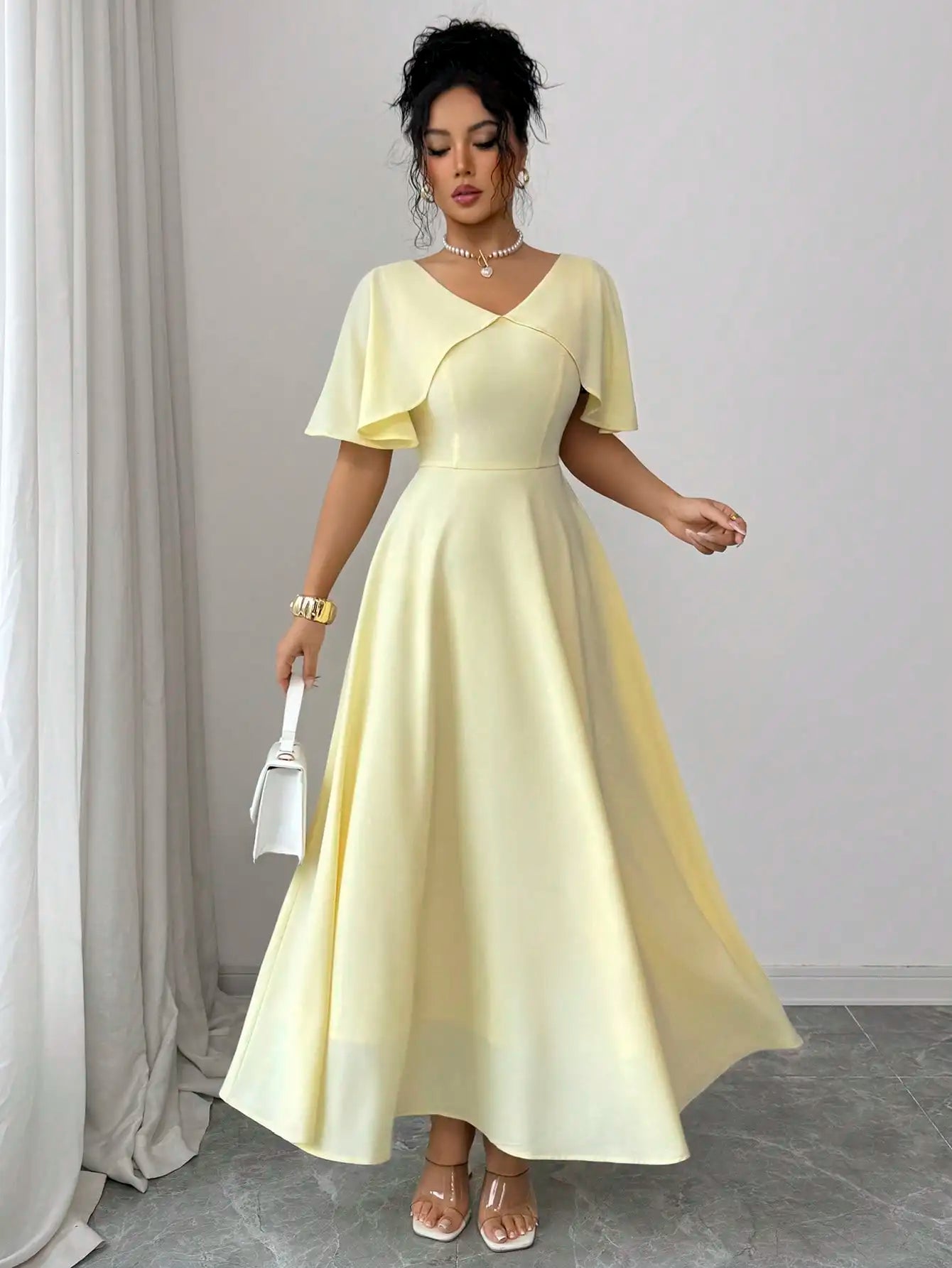 Women's Spring Summer V-Neck Ruffle Sleeve Cinched Waist A-Line Dress Pale Yellow