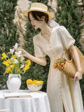 Summer 2026 New Gentle Style Yellow Cotton Blend Bubble Sleeve Dress High Waist A-Line Skirt V-Neck Single Button Closure Dress