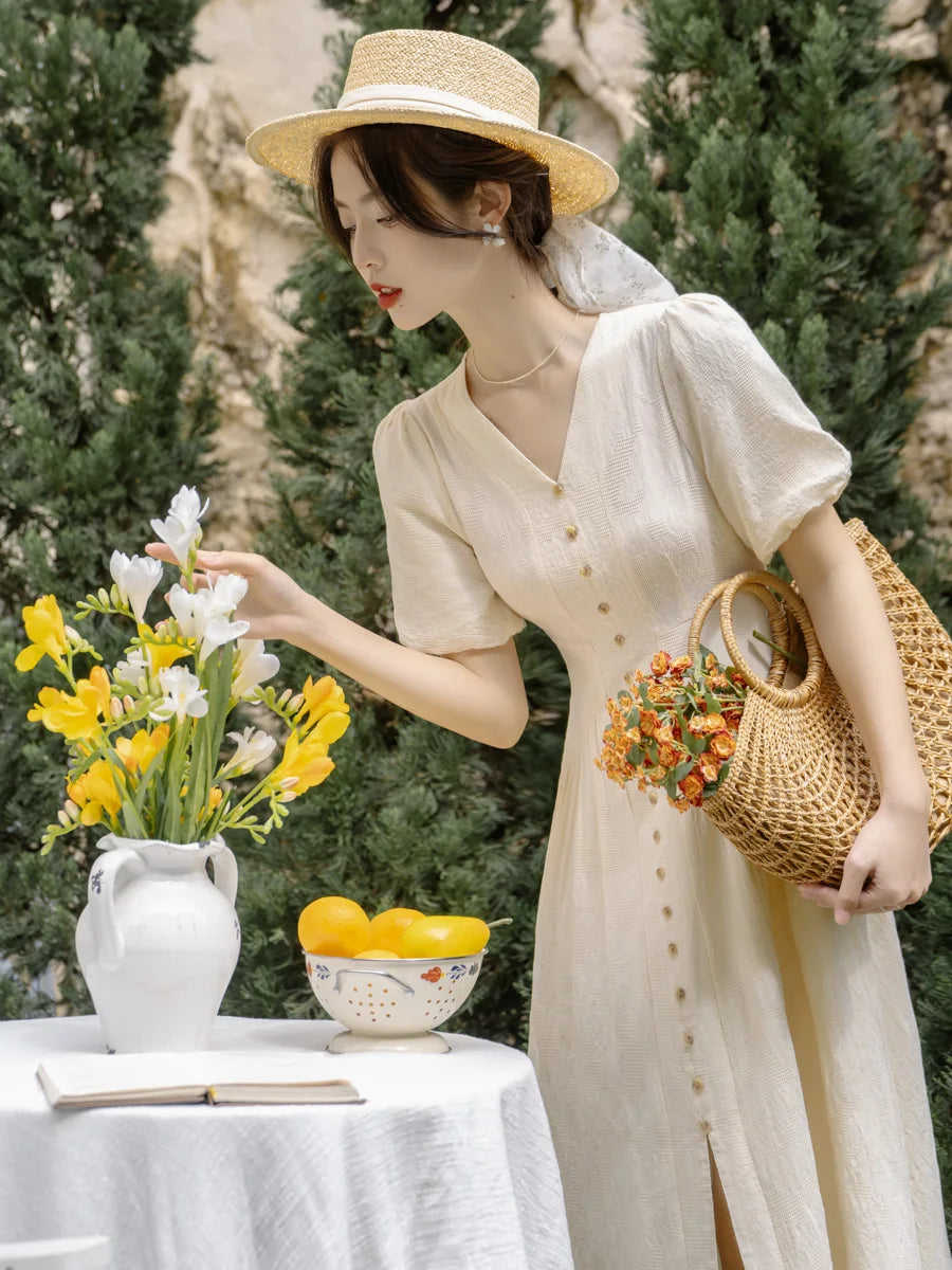 Summer 2026 New Gentle Style Yellow Cotton Blend Bubble Sleeve Dress High Waist A-Line Skirt V-Neck Single Button Closure Dress