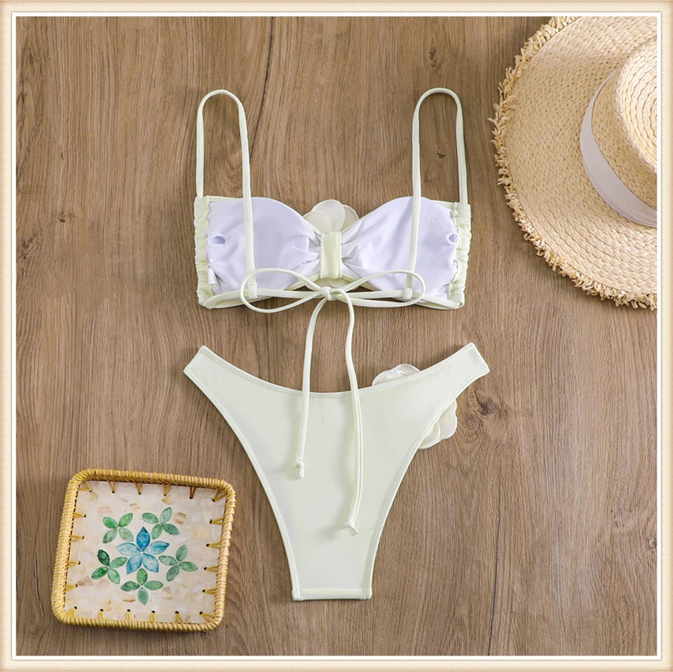 Bandeau Bikini Front 3D Flower Flower Decoration Swimwear Women High Waist Solid Swimsuit Elegant Beachwear Bathing Suit Summer