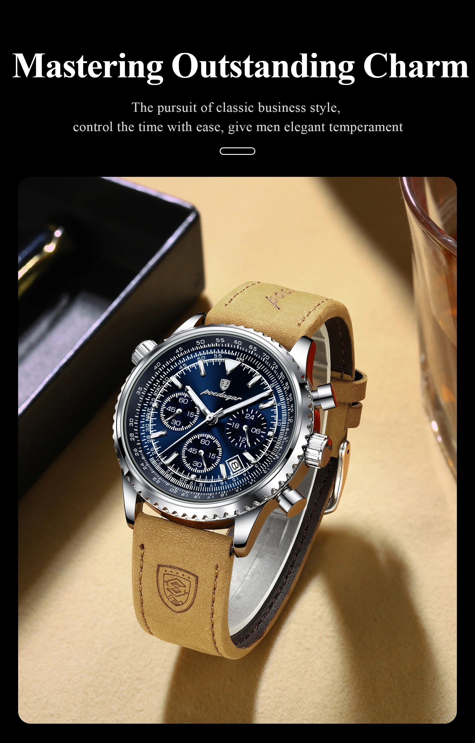 POEDAGAR Original Men's Clock Chronograph Date Waterproof Luminous Luxury Male Wristwatch Fashion Leather Quartz Watches For Man