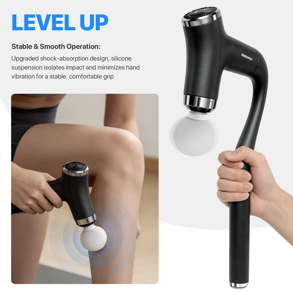 MINDMED Long Handle Detachable Massage Gun Deep Tissue Muscle Gun for Back Neck Shoulder Body Recovery with 12 Speed & 4 Heads