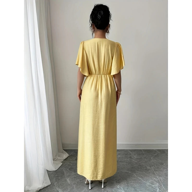 Chic Short Sleeved V Neck Yellow Split Dress Women Casual Single Breasted Buckle Slim Midi Dresses Summer Lady Highstreet Robes