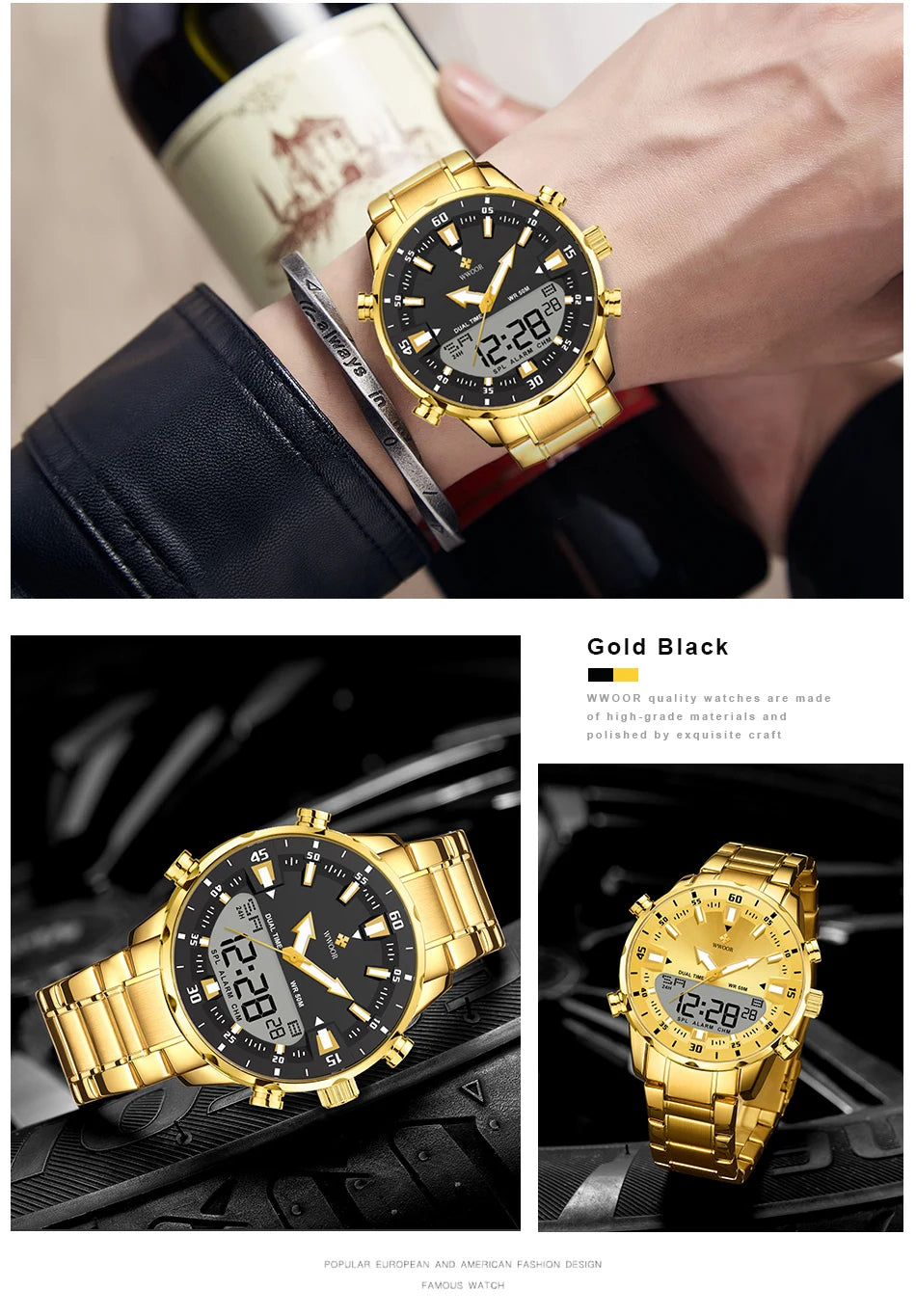 WWOOR Luxury Watches For Men Military Chronograph Digital Quartz Man's Wristwatch Waterproof Stainless Steel Luminous Male Clock