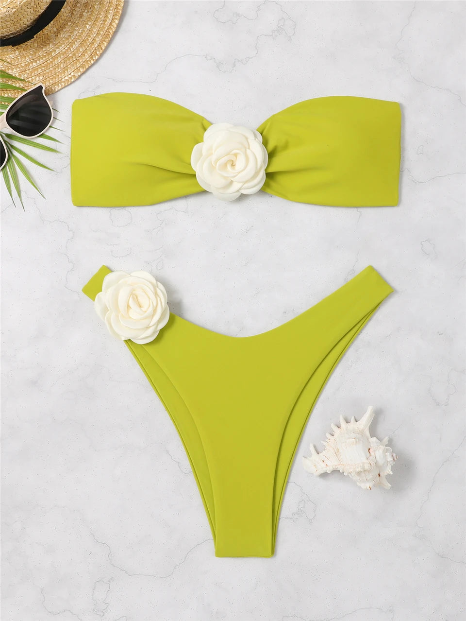 Bandeau Bikini Front 3D Flower Flower Decoration Swimwear Women High Waist Solid Swimsuit Elegant Beachwear Bathing Suit Summer