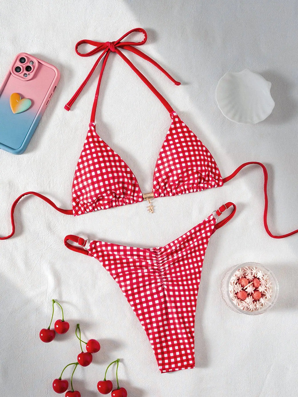 2026 Floral Print Bikini Set with Dainty Pendant Sweet Triangle Top Adjustable Ties Two Piece Swimsuit Vacation Swimwear