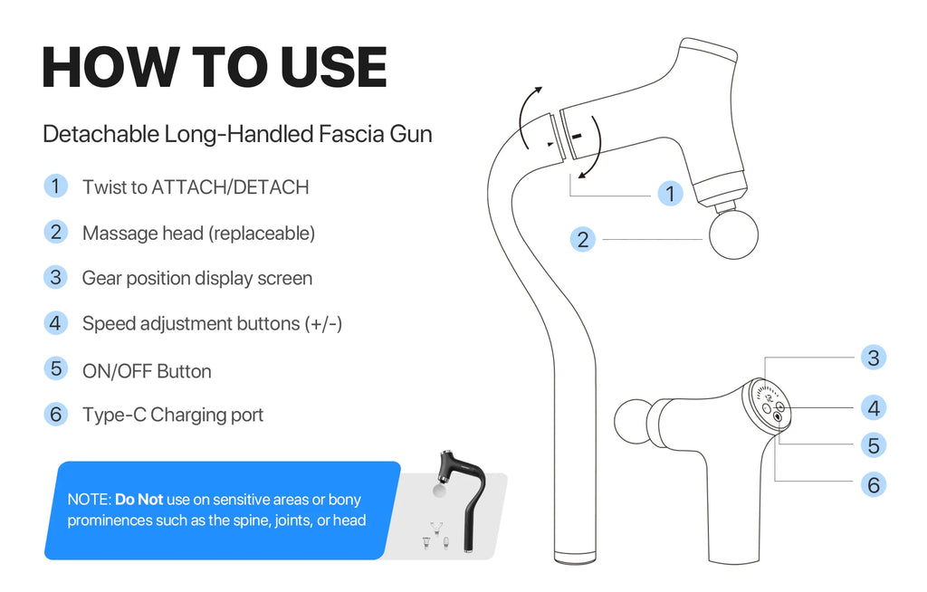 MINDMED Long Handle Detachable Massage Gun Deep Tissue Muscle Gun for Back Neck Shoulder Body Recovery with 12 Speed & 4 Heads