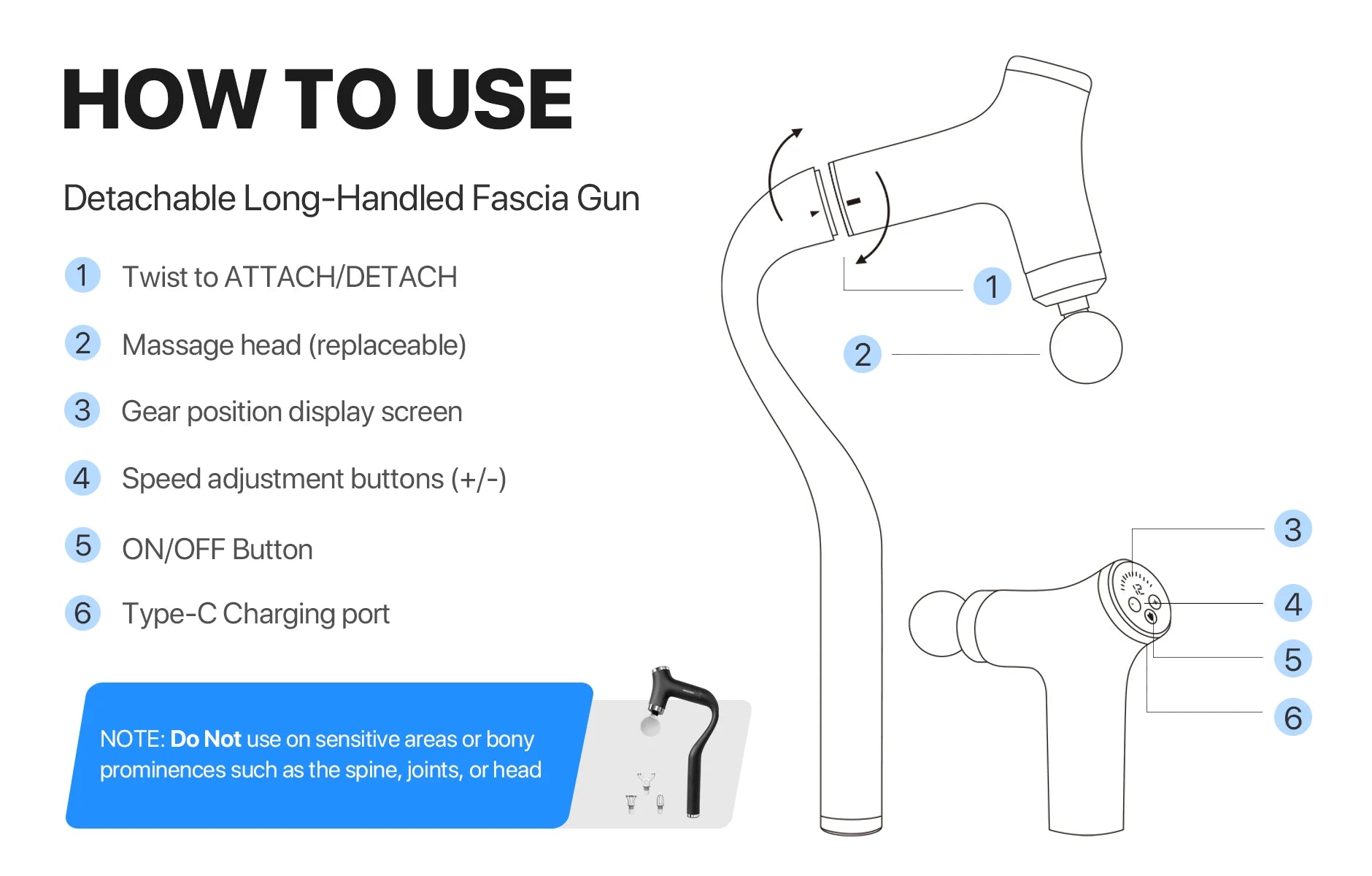 MINDMED Long Handle Detachable Massage Gun Deep Tissue Muscle Gun for Back Neck Shoulder Body Recovery with 12 Speed & 4 Heads