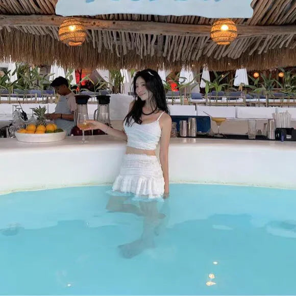 2025 New Sweet Splice High Waist Bikini Women's Swimsuit for Hot Spring Soaking Polyester Lycra Material round Neckline