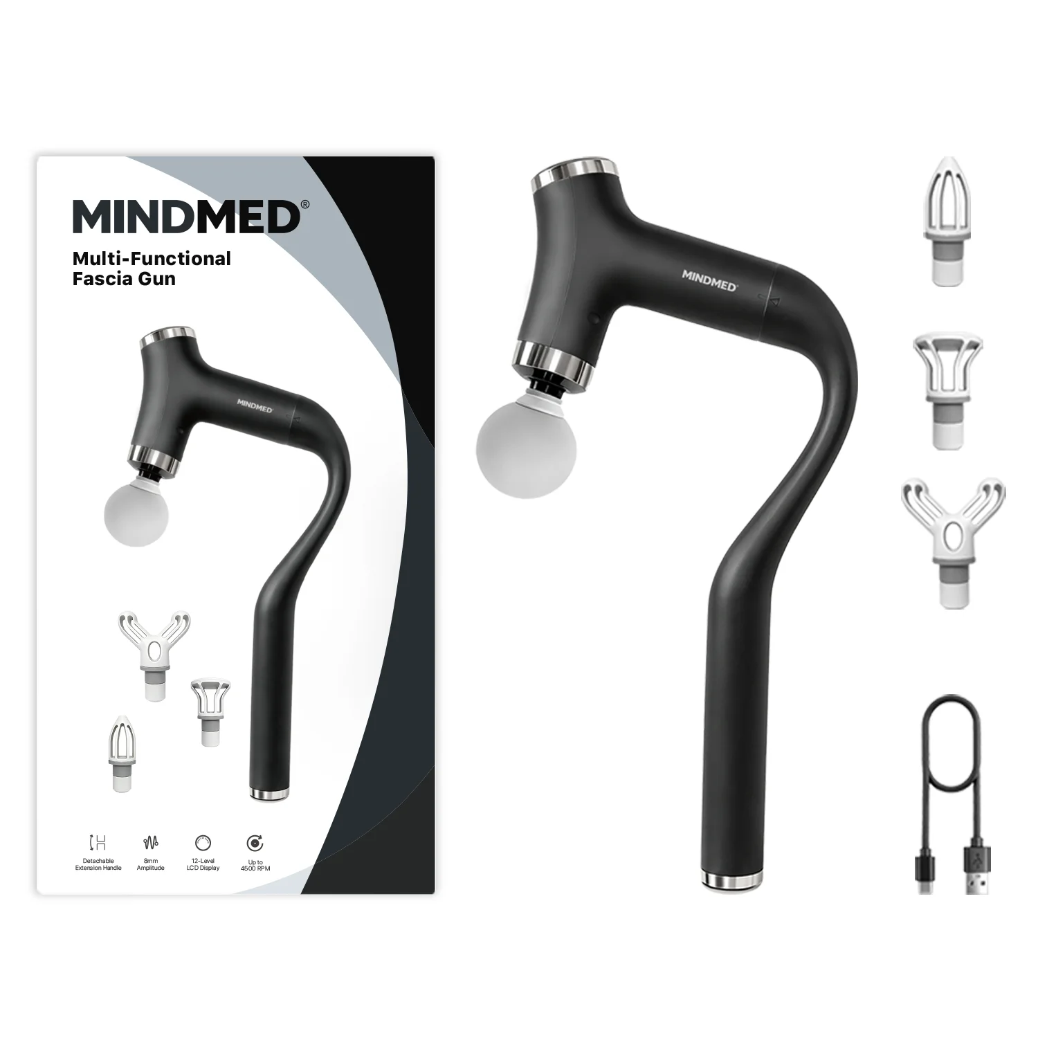 MINDMED Long Handle Detachable Massage Gun Deep Tissue Muscle Gun for Back Neck Shoulder Body Recovery with 12 Speed & 4 Heads
