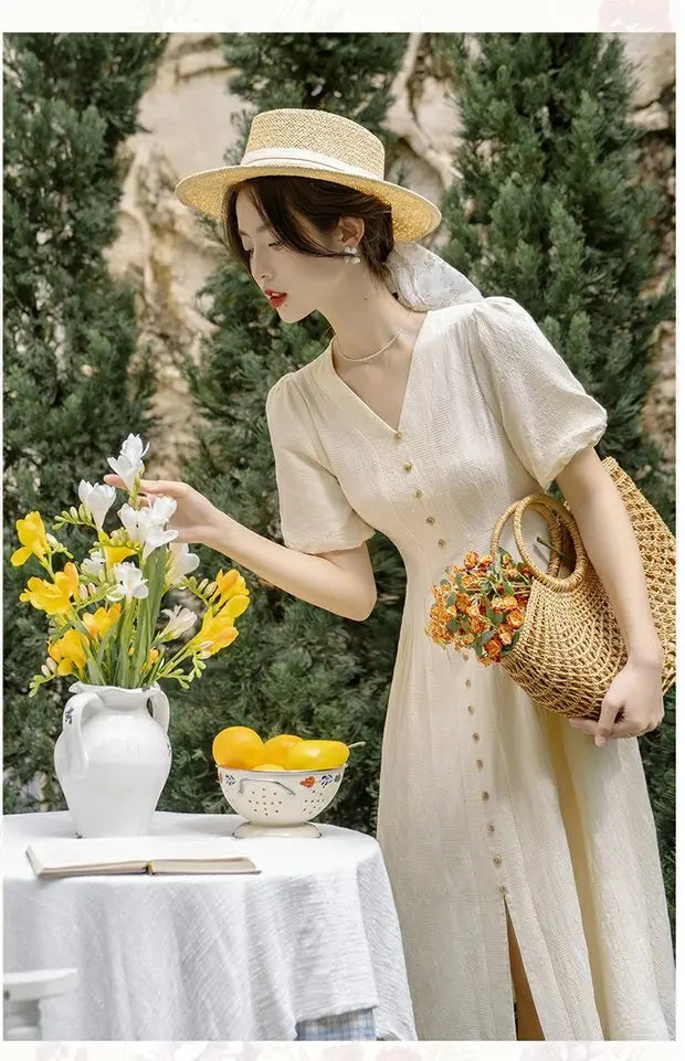 Summer 2026 New Gentle Style Yellow Cotton Blend Bubble Sleeve Dress High Waist A-Line Skirt V-Neck Single Button Closure Dress