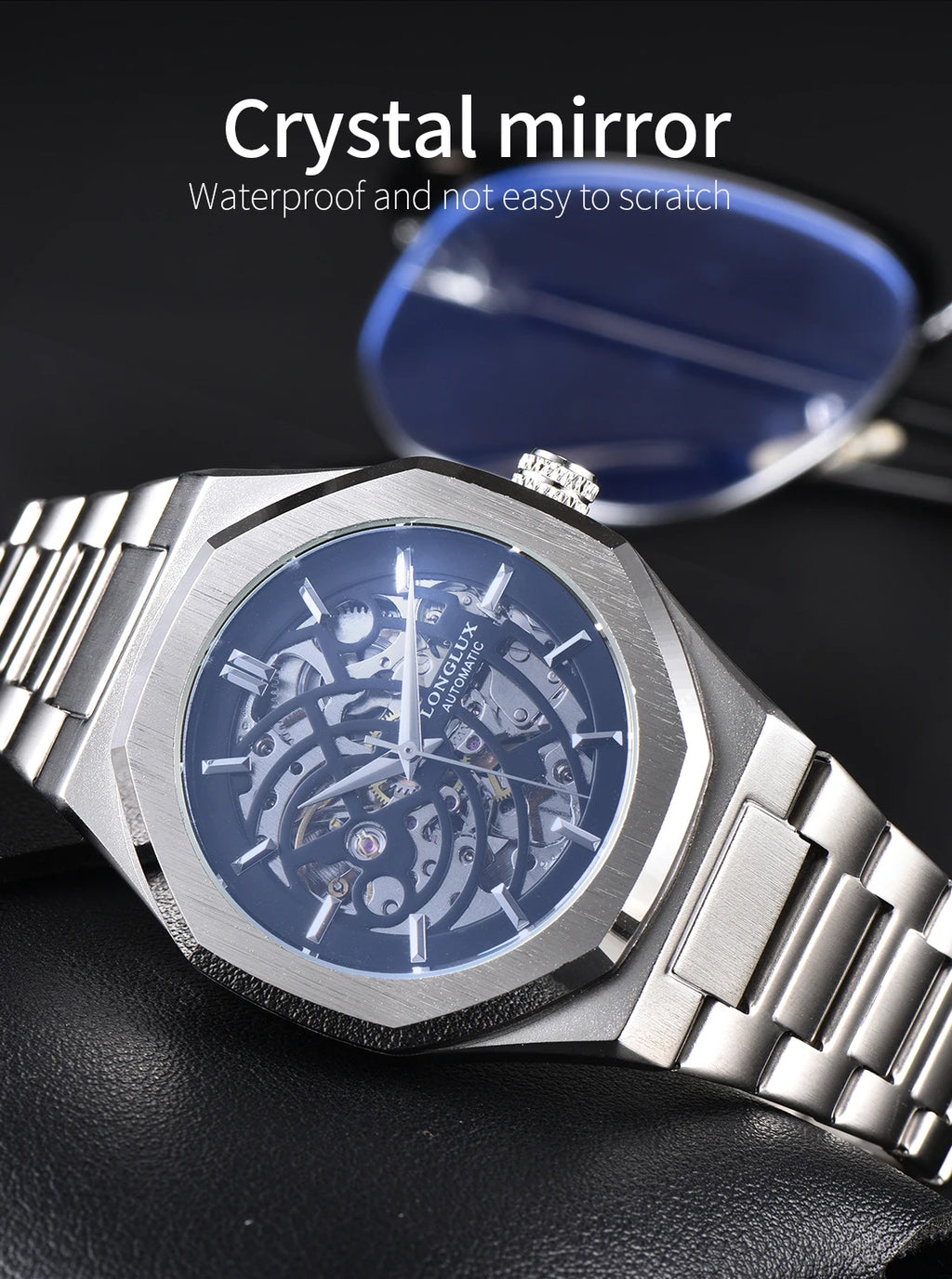 LONGLUX automatic watch business mechanical watches skeleton waterproof luminous stainless steel mens watch office worker gift