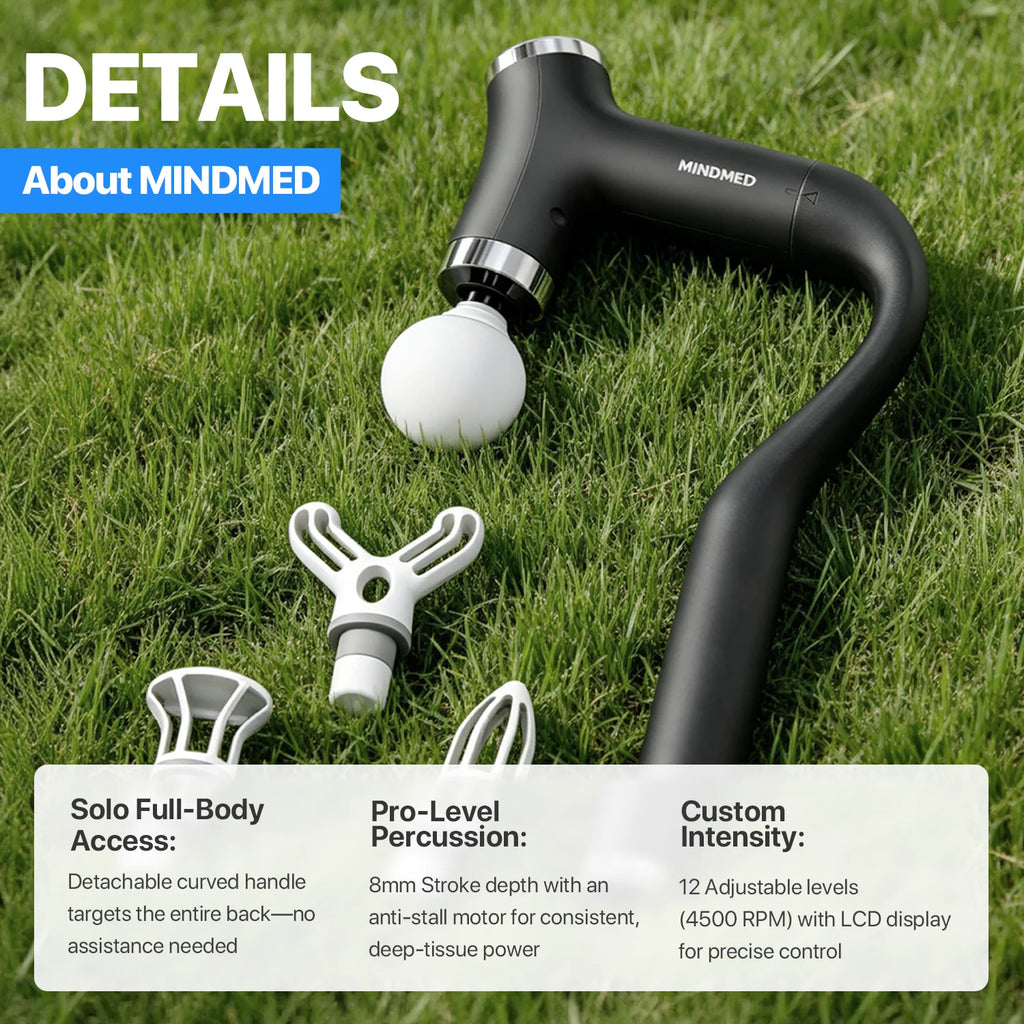 MINDMED Long Handle Detachable Massage Gun Deep Tissue Muscle Gun for Back Neck Shoulder Body Recovery with 12 Speed & 4 Heads
