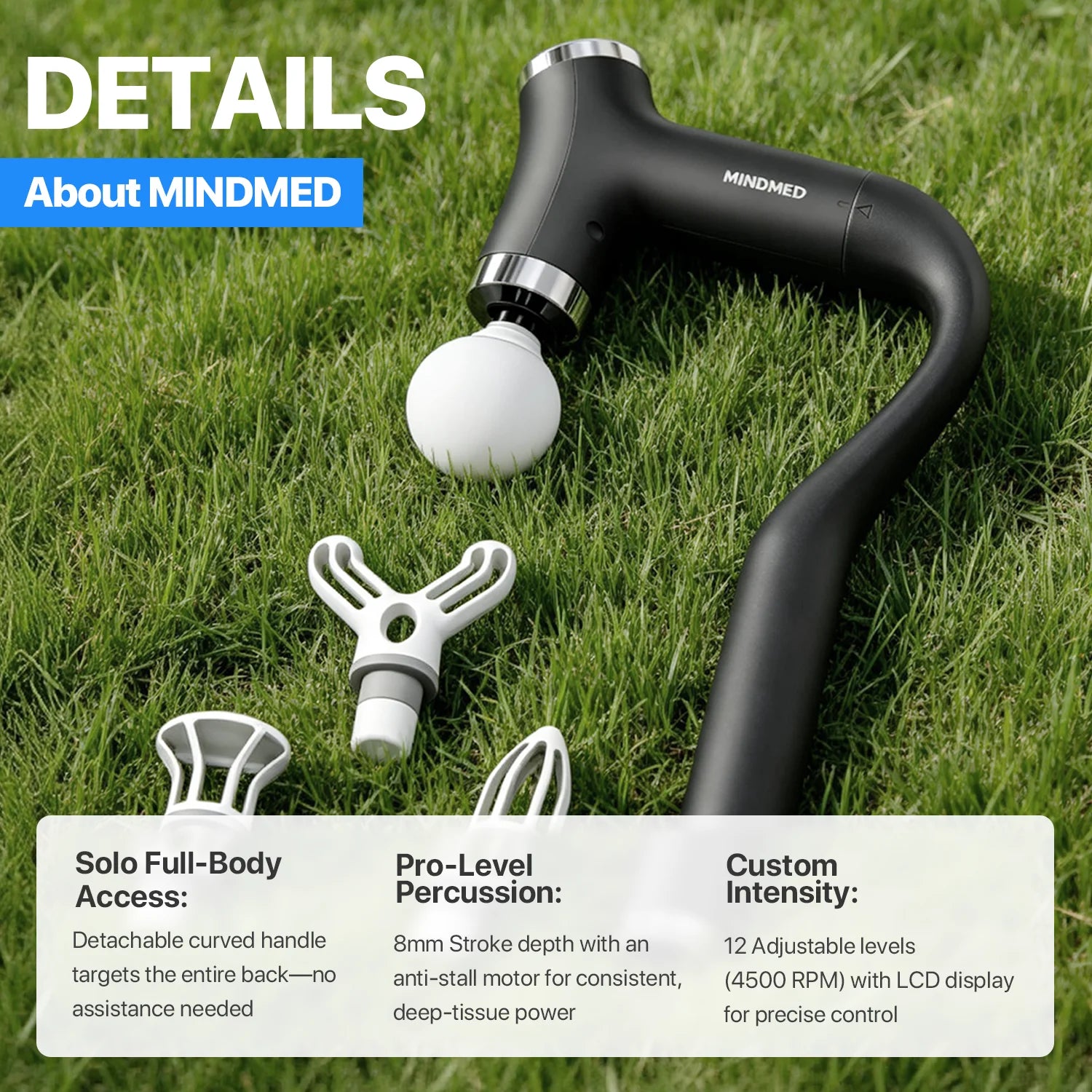 MINDMED Long Handle Detachable Massage Gun Deep Tissue Muscle Gun for Back Neck Shoulder Body Recovery with 12 Speed & 4 Heads