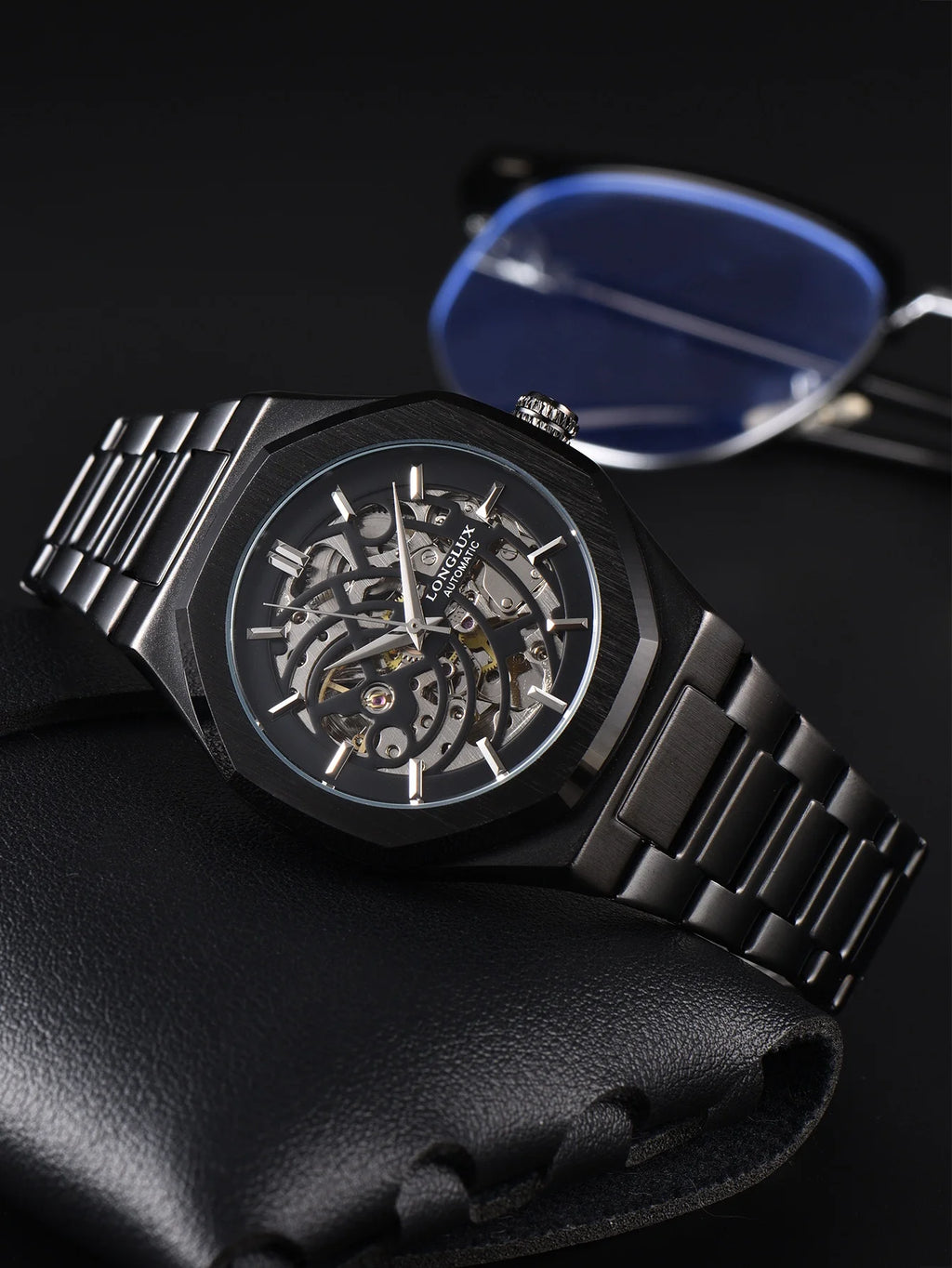 LONGLUX automatic watch business mechanical watches skeleton waterproof luminous stainless steel mens watch office worker gift