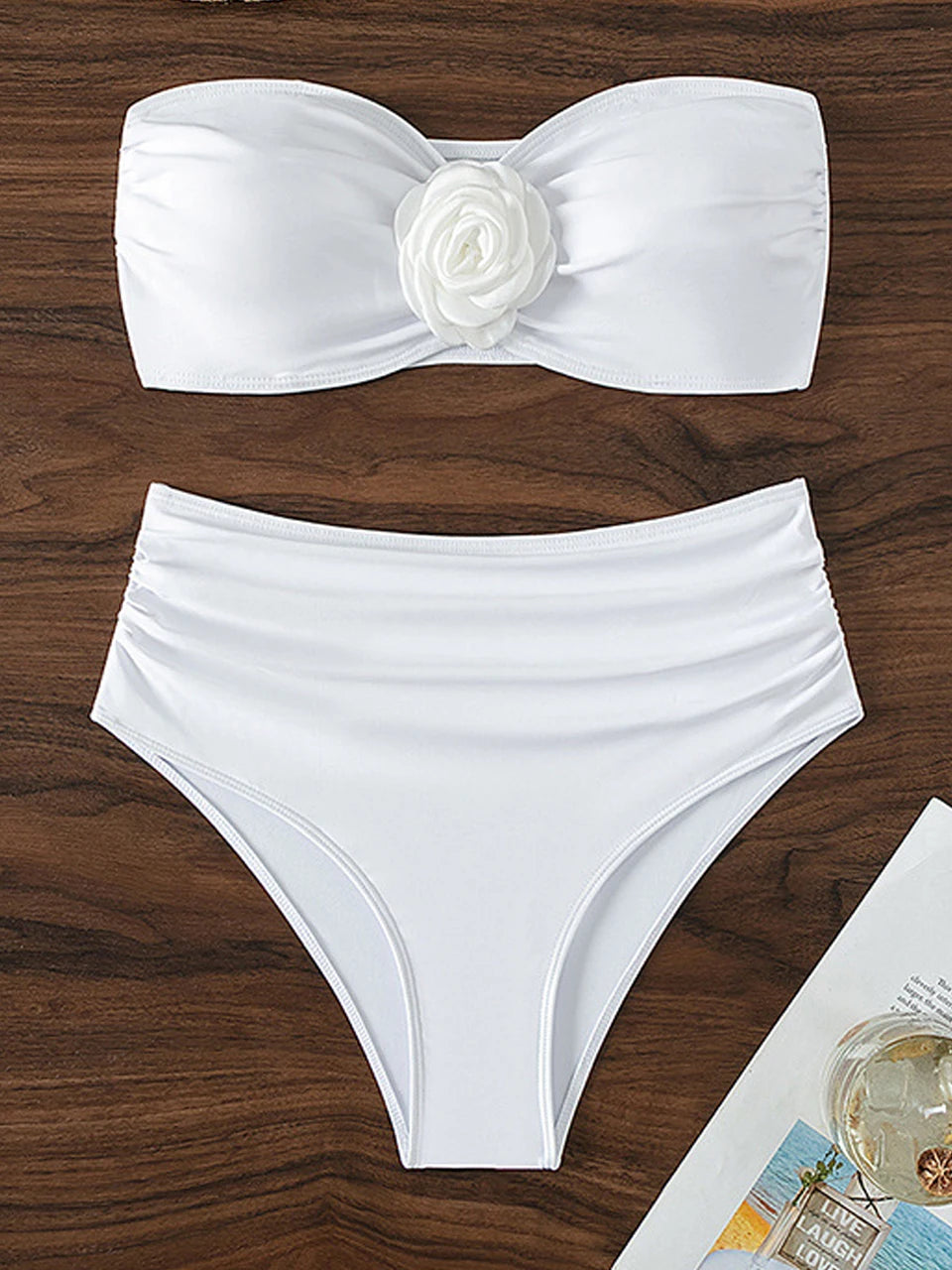 Bandeau Bikini Front 3D Flower Flower Decoration Swimwear Women High Waist Solid Swimsuit Elegant Beachwear Bathing Suit Summer