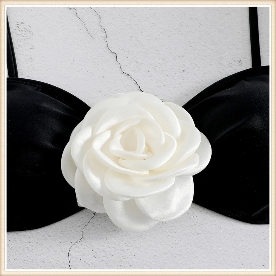 Bandeau Bikini Front 3D Flower Flower Decoration Swimwear Women High Waist Solid Swimsuit Elegant Beachwear Bathing Suit Summer