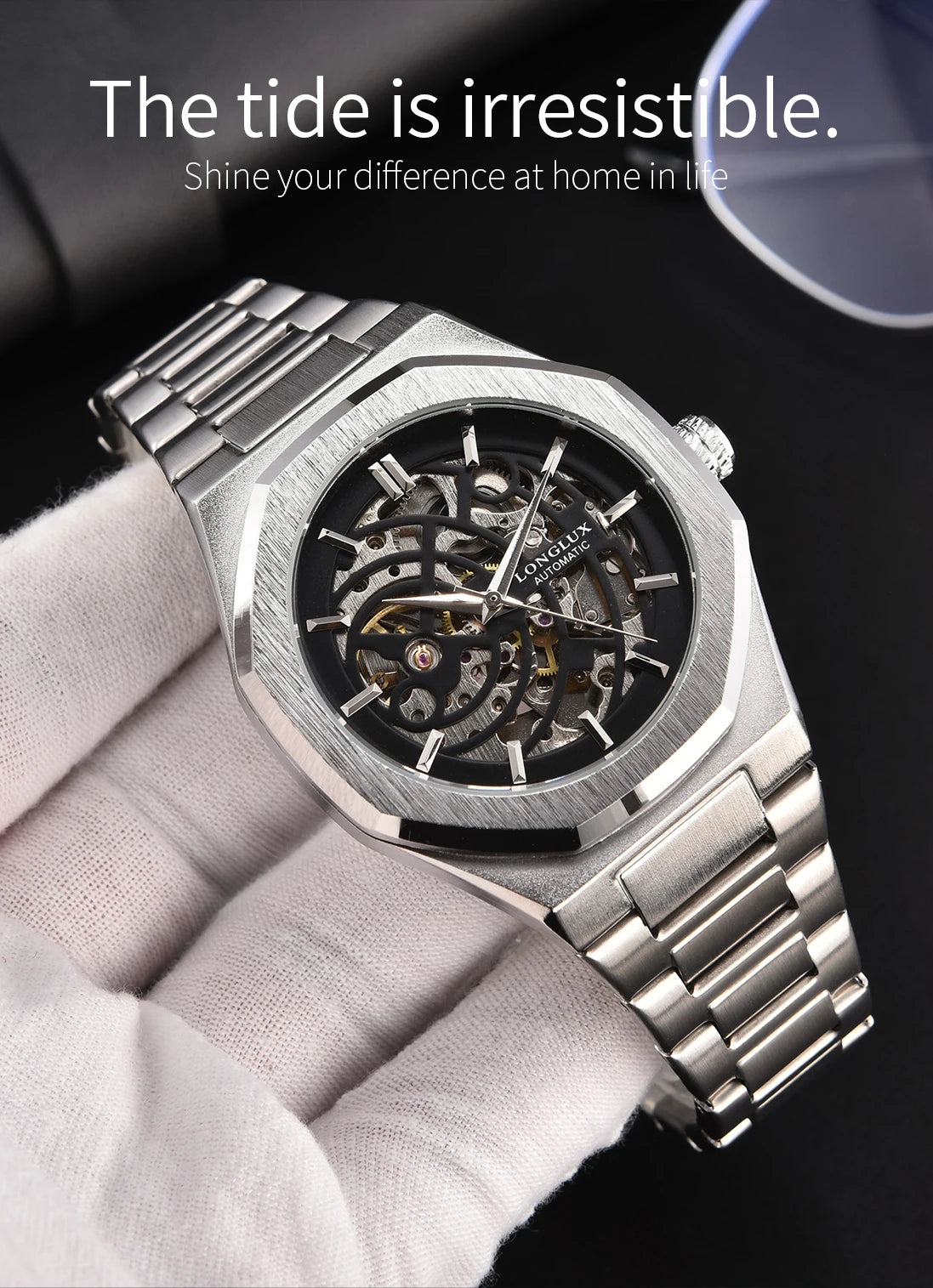 LONGLUX automatic watch business mechanical watches skeleton waterproof luminous stainless steel mens watch office worker gift