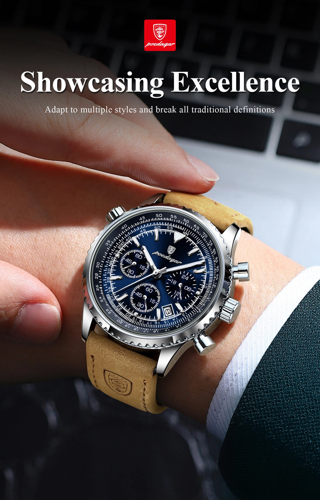 POEDAGAR Original Men's Clock Chronograph Date Waterproof Luminous Luxury Male Wristwatch Fashion Leather Quartz Watches For Man