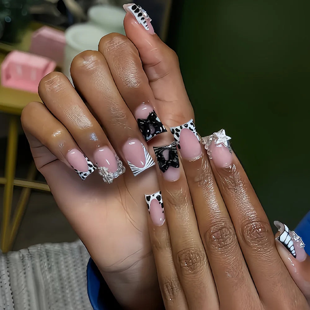 24pcs Press-On Nails – Duckbill Leopard Print with 3D Bowknots & Butterfly | أظافر مزيفة فاخرة