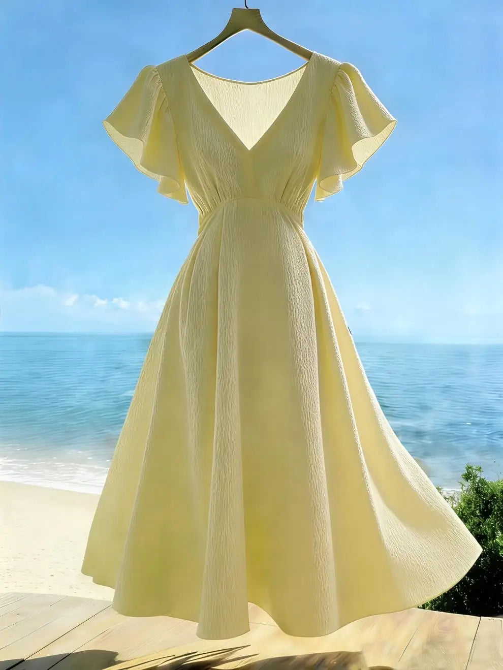 Women's New Summer French Elegant Casual Solid Color Ruffle V-neck A-line Long Dress Dresses For Women Clothing Lace Bandage