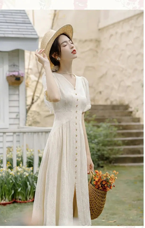 Summer 2026 New Gentle Style Yellow Cotton Blend Bubble Sleeve Dress High Waist A-Line Skirt V-Neck Single Button Closure Dress