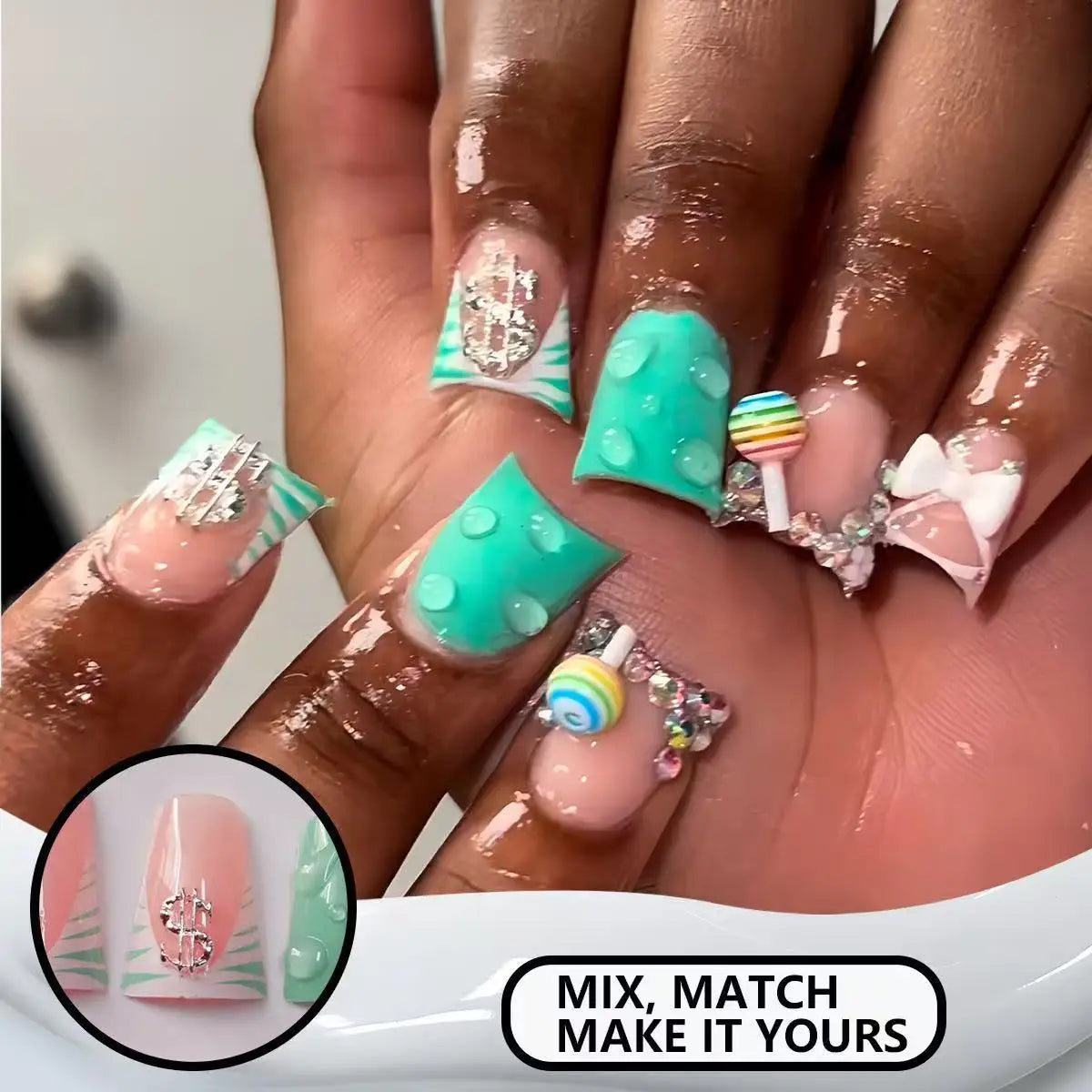 24pcs Press-On Nails – Duckbill Leopard Print with 3D Bowknots & Butterfly | أظافر مزيفة فاخرة