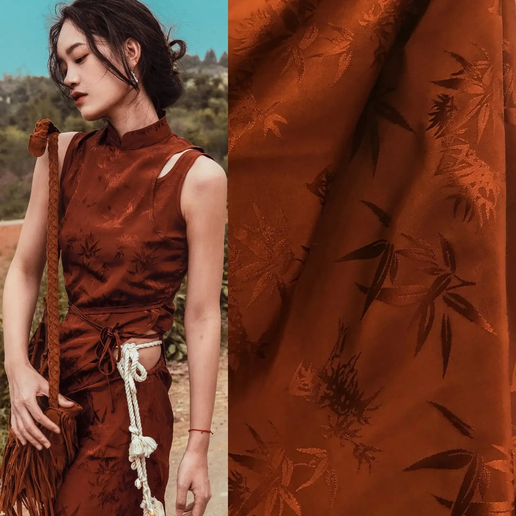 Bamboo Leaf Pattern Green Jacquard Fabric Rayon By Meter for Cheongsam Hanfu Sewing Fashion Chinese Style Cloth Plain Breathable