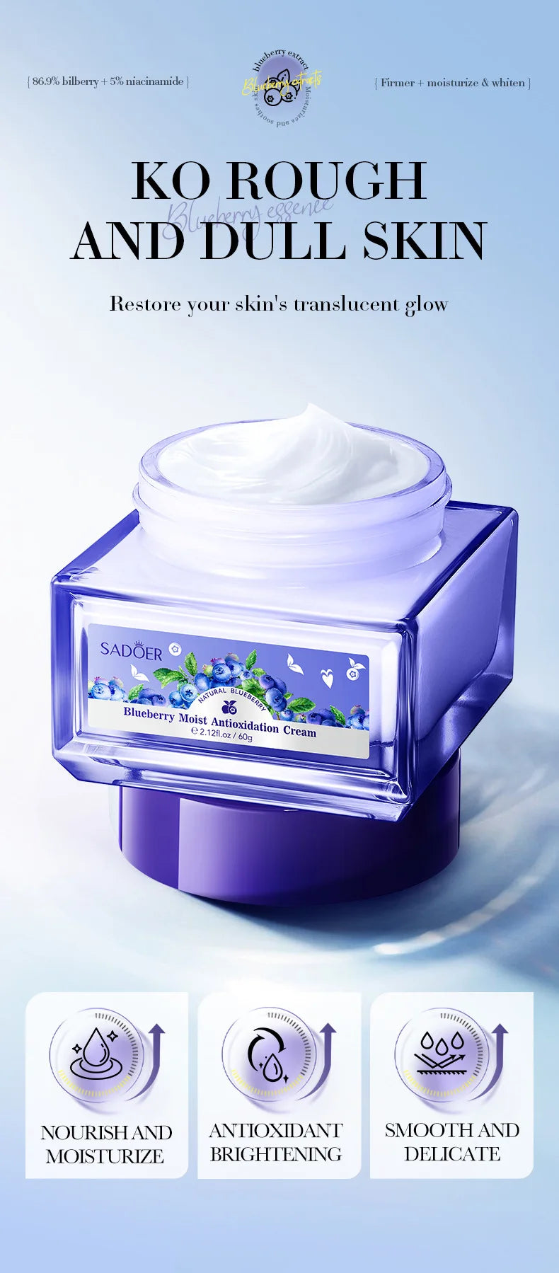SADOER Blueberry Hyaluronic Acid Skin Brightening Cream Skincare Moisturizing Nourishing Facial Creams  Beauty Skin Care Product