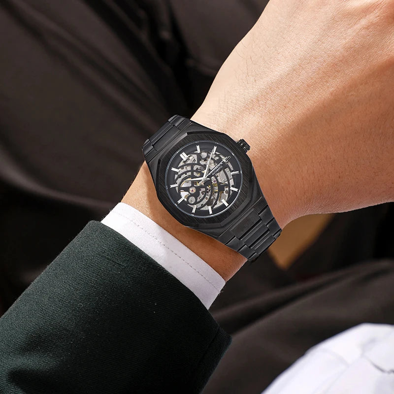LONGLUX automatic watch business mechanical watches skeleton waterproof luminous stainless steel mens watch office worker gift