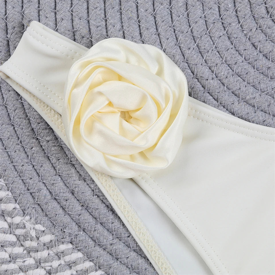 Bandeau Bikini Front 3D Flower Flower Decoration Swimwear Women High Waist Solid Swimsuit Elegant Beachwear Bathing Suit Summer