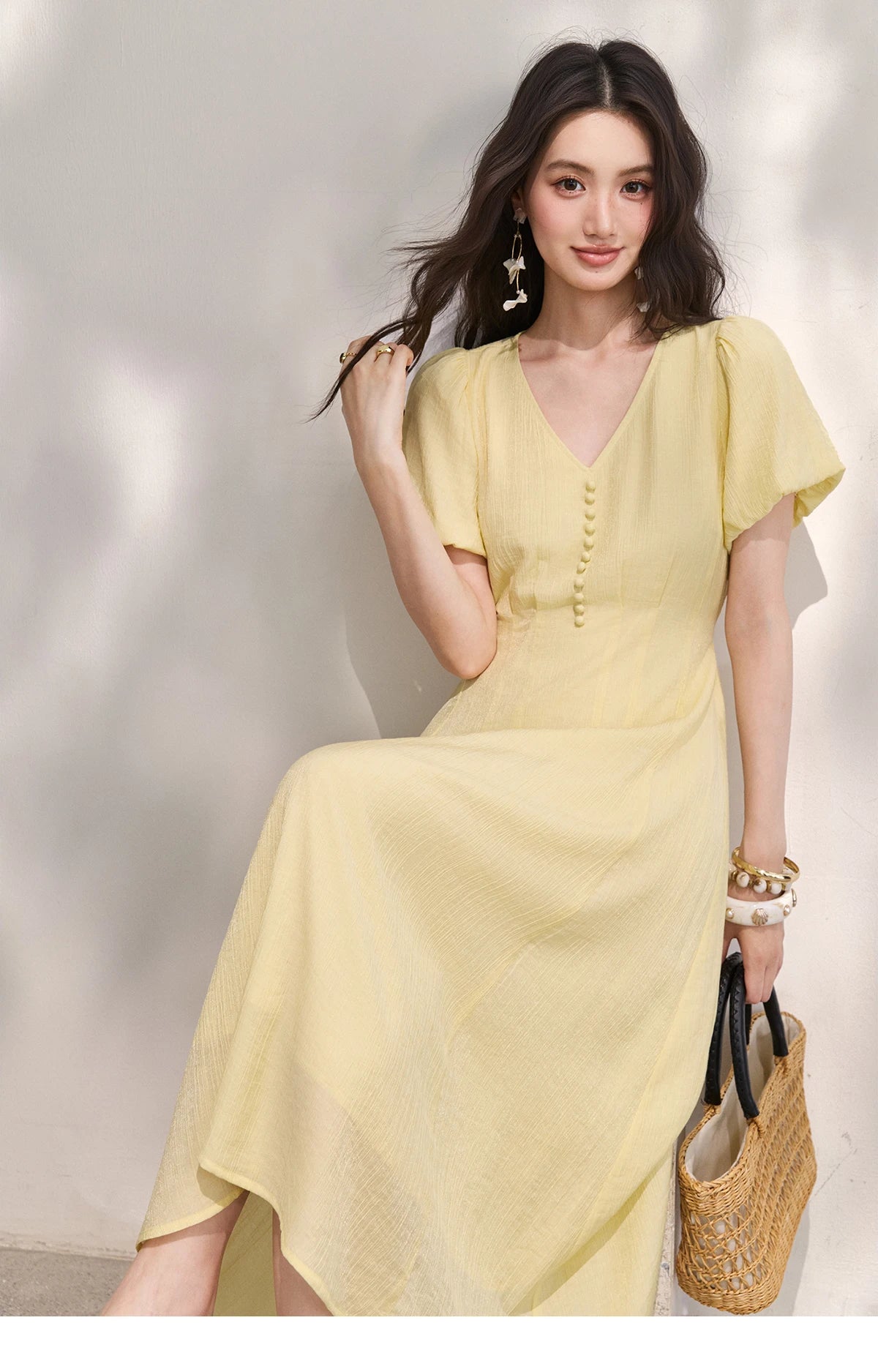 MISHOW Women's French V Neck Puff Sleeve Midi Dress 2026 Summer Button Detail Waist Slim Yellow Elegant Long Dress MXF29L2782