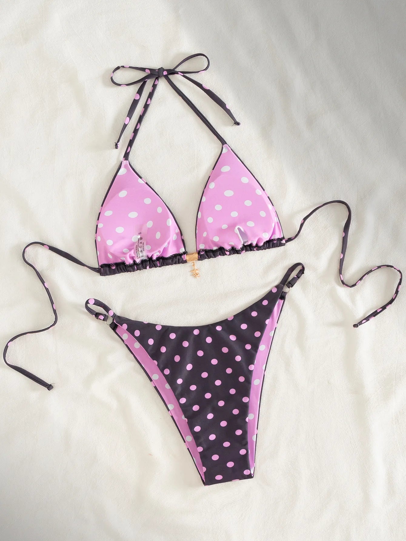 2026 Floral Print Bikini Set with Dainty Pendant Sweet Triangle Top Adjustable Ties Two Piece Swimsuit Vacation Swimwear