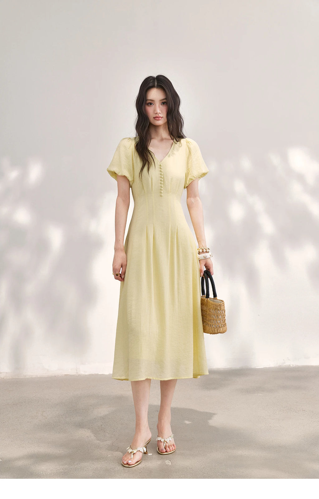 MISHOW Women's French V Neck Puff Sleeve Midi Dress 2026 Summer Button Detail Waist Slim Yellow Elegant Long Dress MXF29L2782